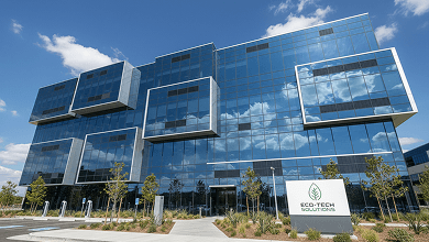 Edifício corporativo moderno representando tecnologia, inovação e soluções de identificação biométrica para empresas
