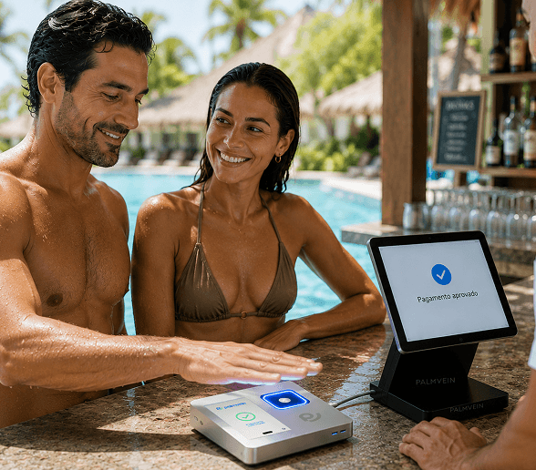 Casal pagando no bar da piscina com a palma da mão
