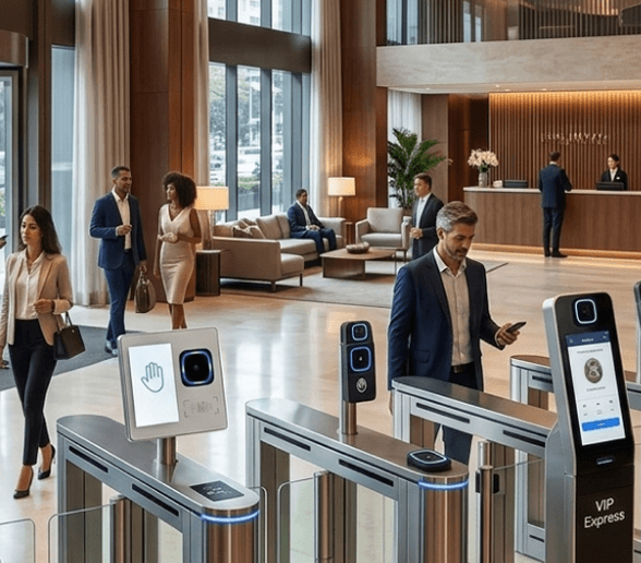 Hóspedes passando pela catraca do lobby do hotel com a palma da mão
