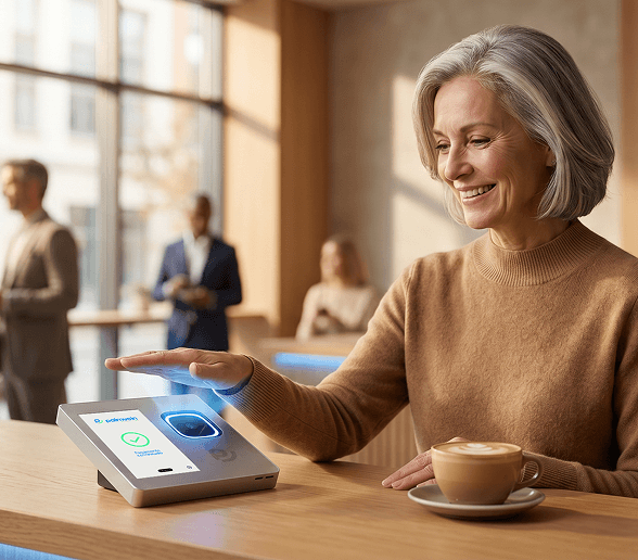 Cliente pagando o café com a palma da mão sobre o leitor