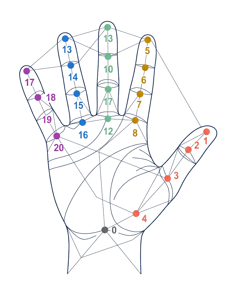 Diagrama dos pontos de leitura da palma da mão