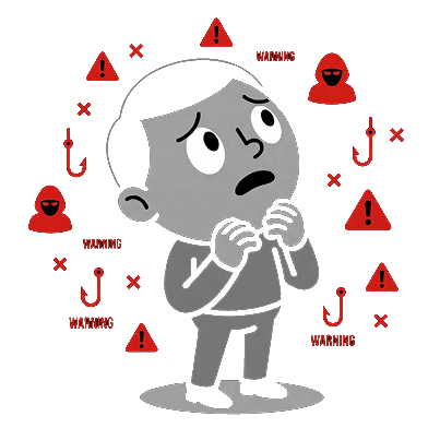 Personagem cercado por alertas de fraude e anzóis de phishing