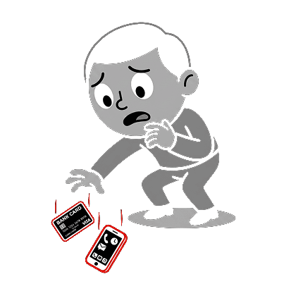 Personagem derrubando cartão e celular