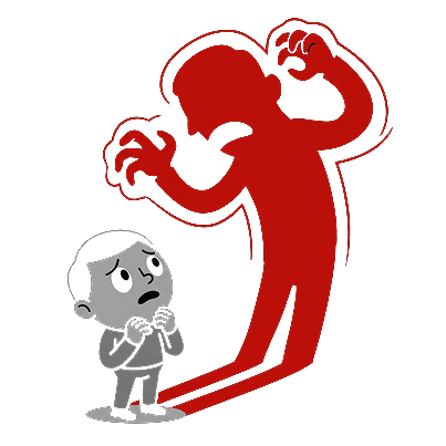 Personagem encolhido diante de uma sombra ameaçadora
